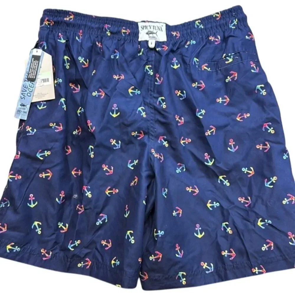 New Men's Spicy Tuna Navy Blue Colorful Anchors Design Swim Shorts Trunks Size L